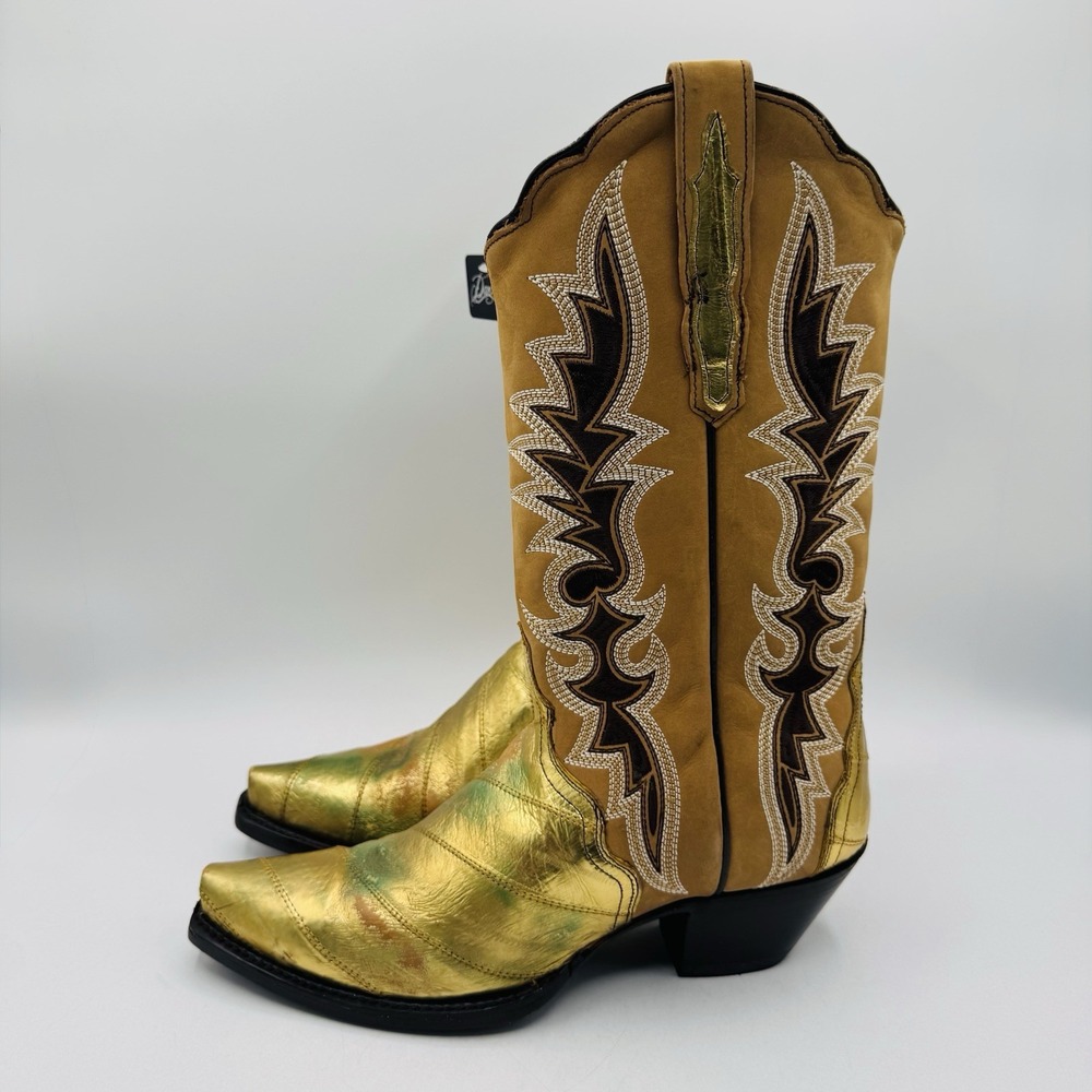 Dan Post Genuine Eel Exotic Boots Women's Size 9 Crackle Gold Metallic Leather - Picture 11 of 16